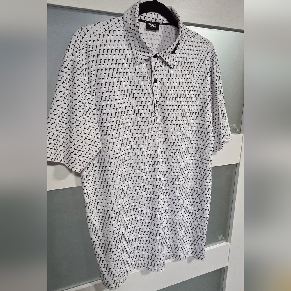 PXG White Polo with Black Geometric Print